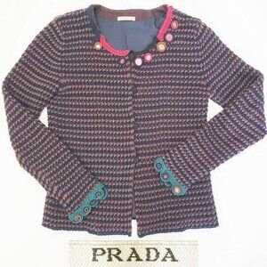 PRADA Women's Blue & Brown Cotton CROCHET EMBELLISHED Jacket Cardigan
